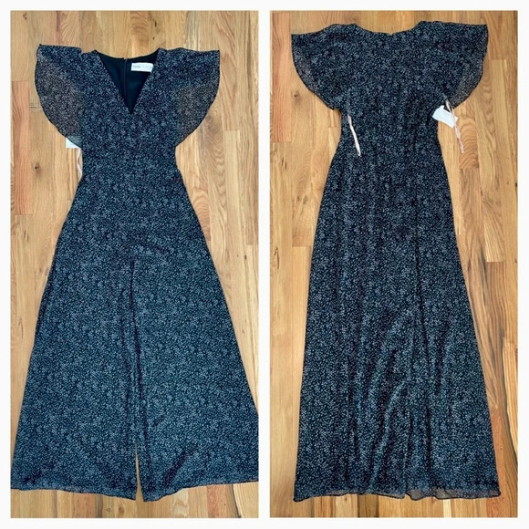 NWT Fame and Partners Black Floral V-Neck Wide Leg Jumpsuit Size 2 - Picture 2 of 6